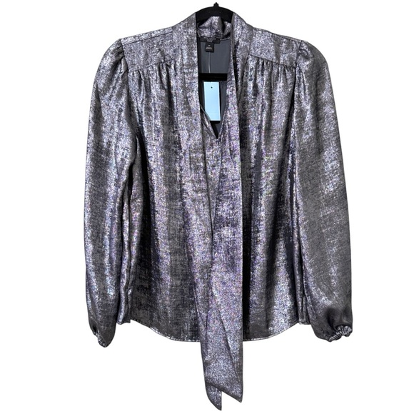 Ann Taylor Factory women’s size medium petite silver metallic v-neck tie front - Picture 1 of 9